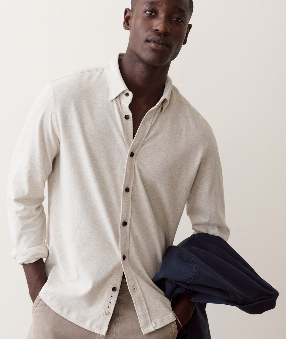 NWT Marine Layer Men's Luxe Jersey Shirt in Oatmeal Heather size Medium